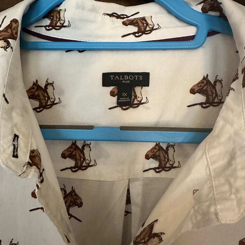Talbots White Blouse with Brown Horse/Equestrian print - Picture 3 of 6